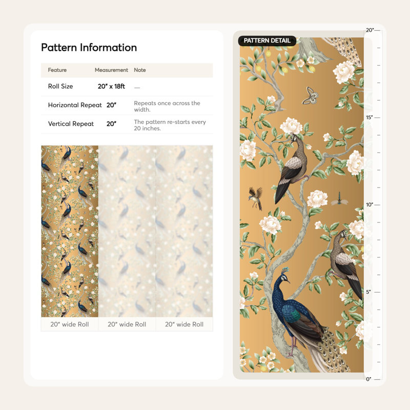 Lark Manor™ Peacock Chinoiserie Wallpaper Gold Look Floral Wall